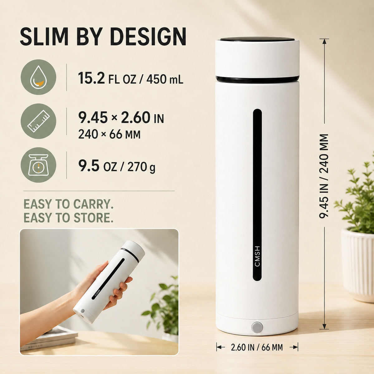 CMSH Smart Insulated Bottle with Temperature Display, 15.2 oz