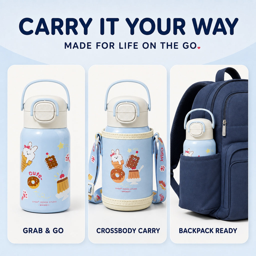 CMSH 3-Way Insulated Water Bottle with Cup Lid & Carry Sleeve – 18.6 oz