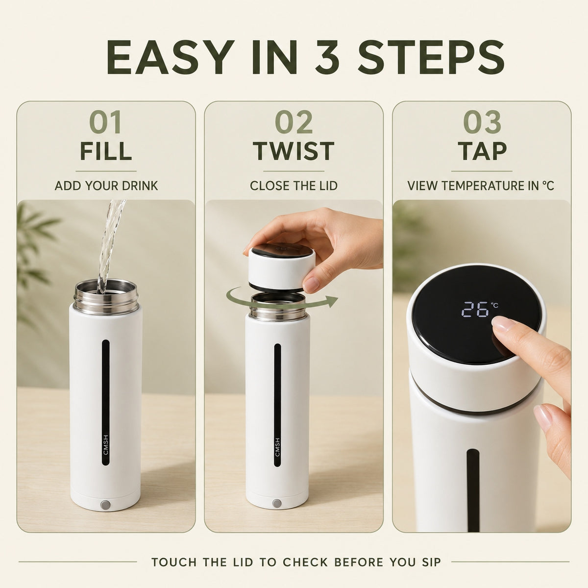 CMSH Smart Insulated Bottle with Temperature Display, 15.2 oz