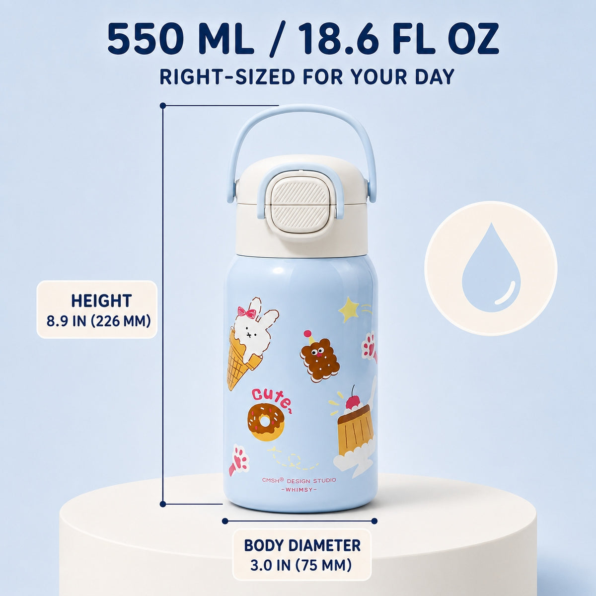 CMSH 3-Way Insulated Water Bottle with Cup Lid & Carry Sleeve – 18.6 oz