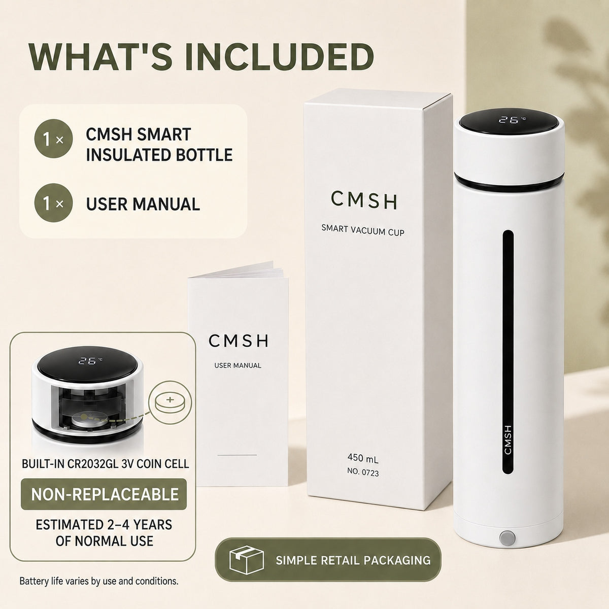 CMSH Smart Insulated Bottle with Temperature Display, 15.2 oz