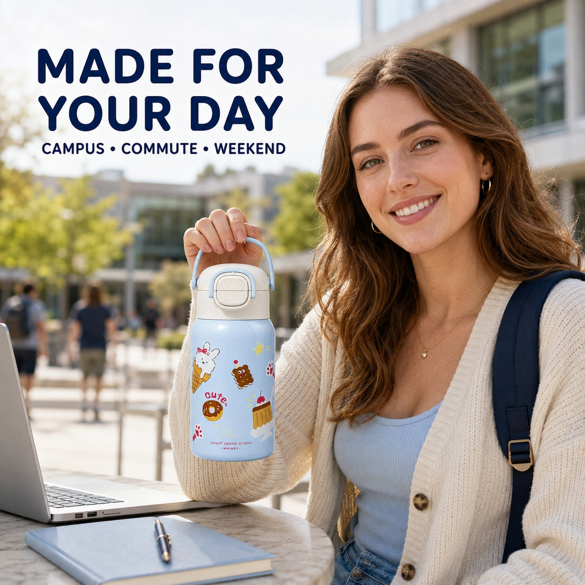 CMSH 3-Way Insulated Water Bottle with Cup Lid & Carry Sleeve – 18.6 oz