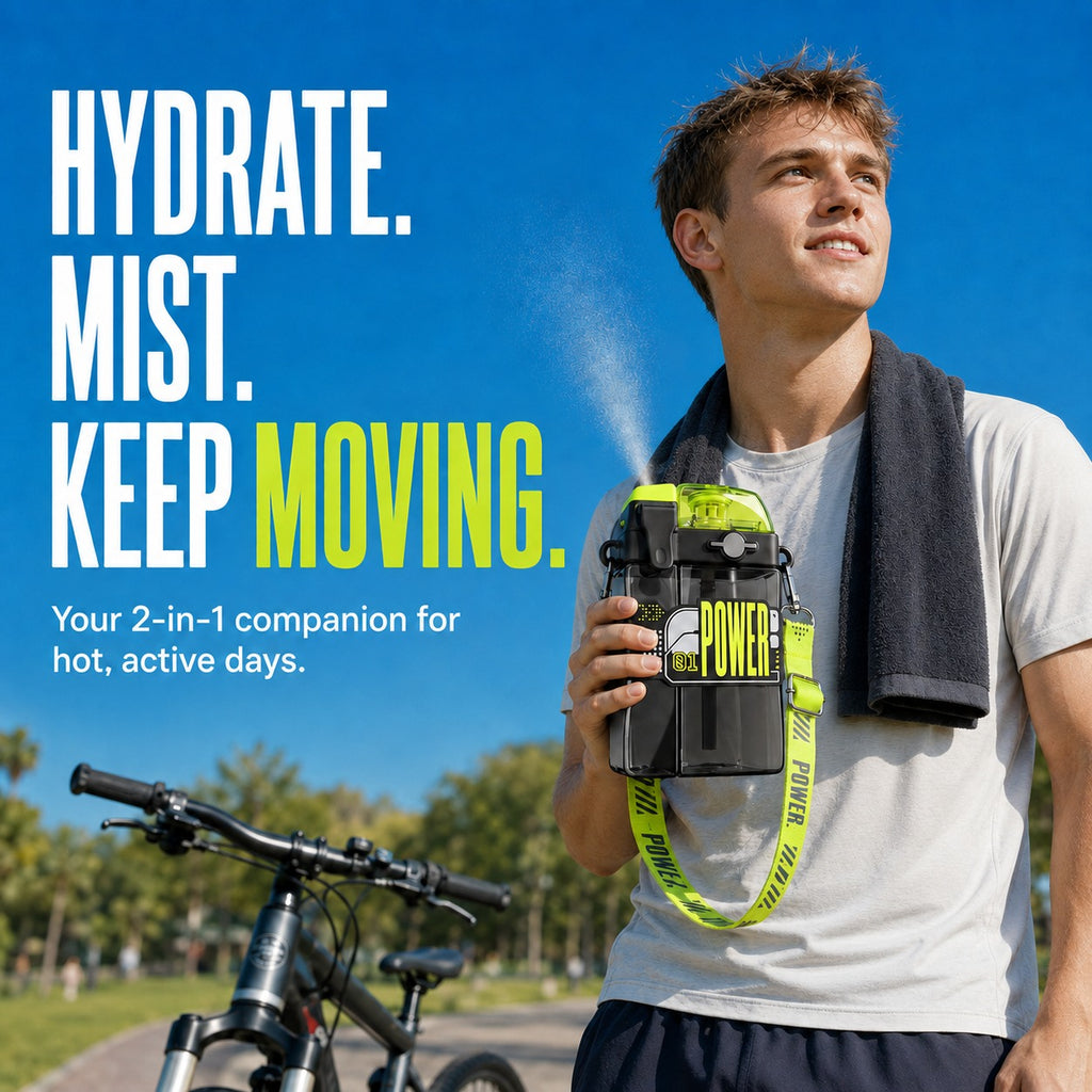CMSH 2-in-1 Misting Water Bottle with Strap – 17.6 oz Drink + 6.8 oz Mist