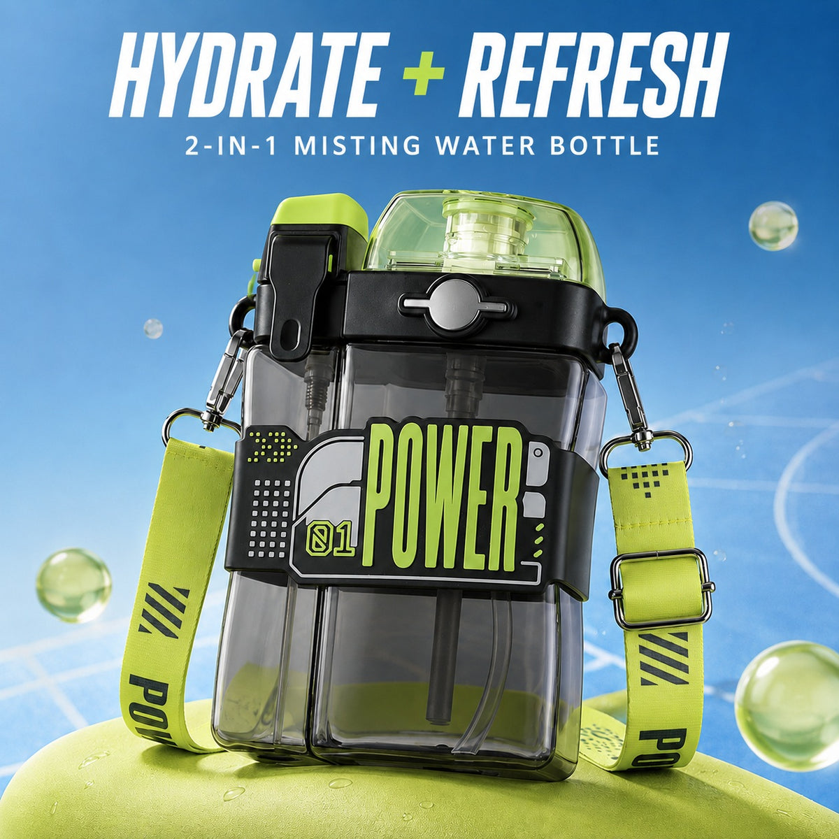 CMSH 2-in-1 Misting Water Bottle with Strap – 17.6 oz Drink + 6.8 oz Mist