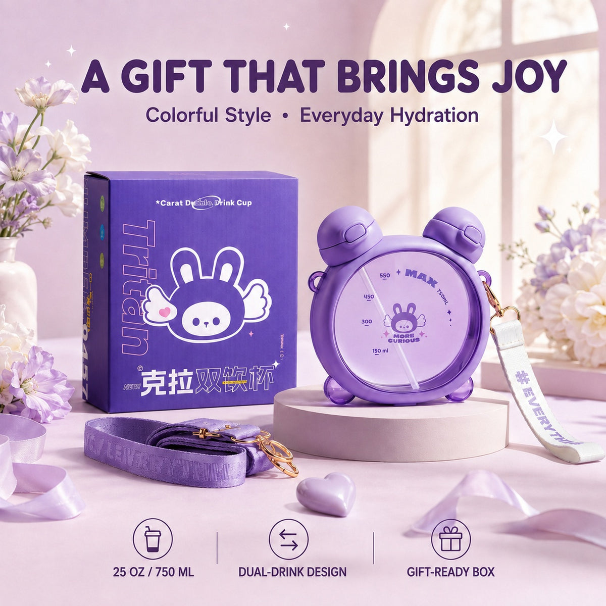 CMSH Carat Dual-Drink Crossbody Water Bottle – Lavender Purple, 25 oz